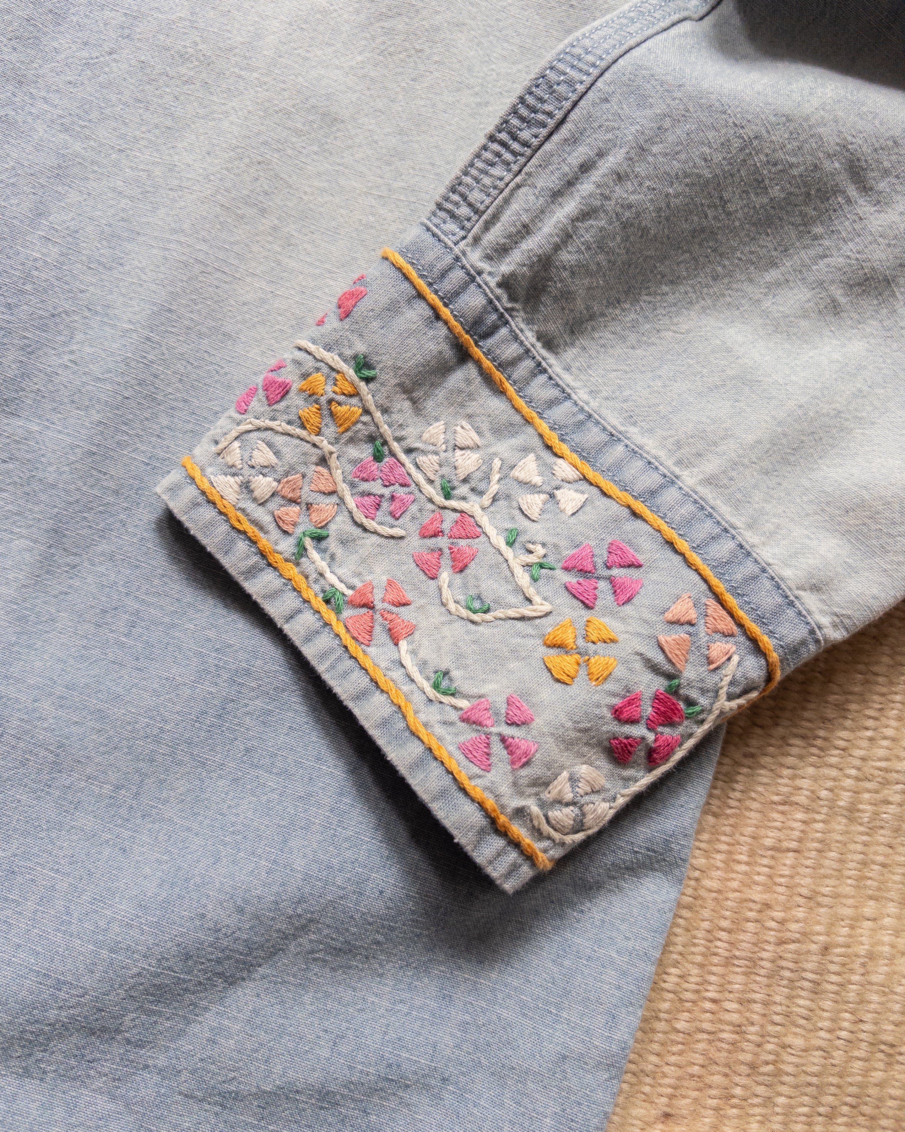 Embroidered Chambray Workshirt - Distressed and Sunfaded Indigo