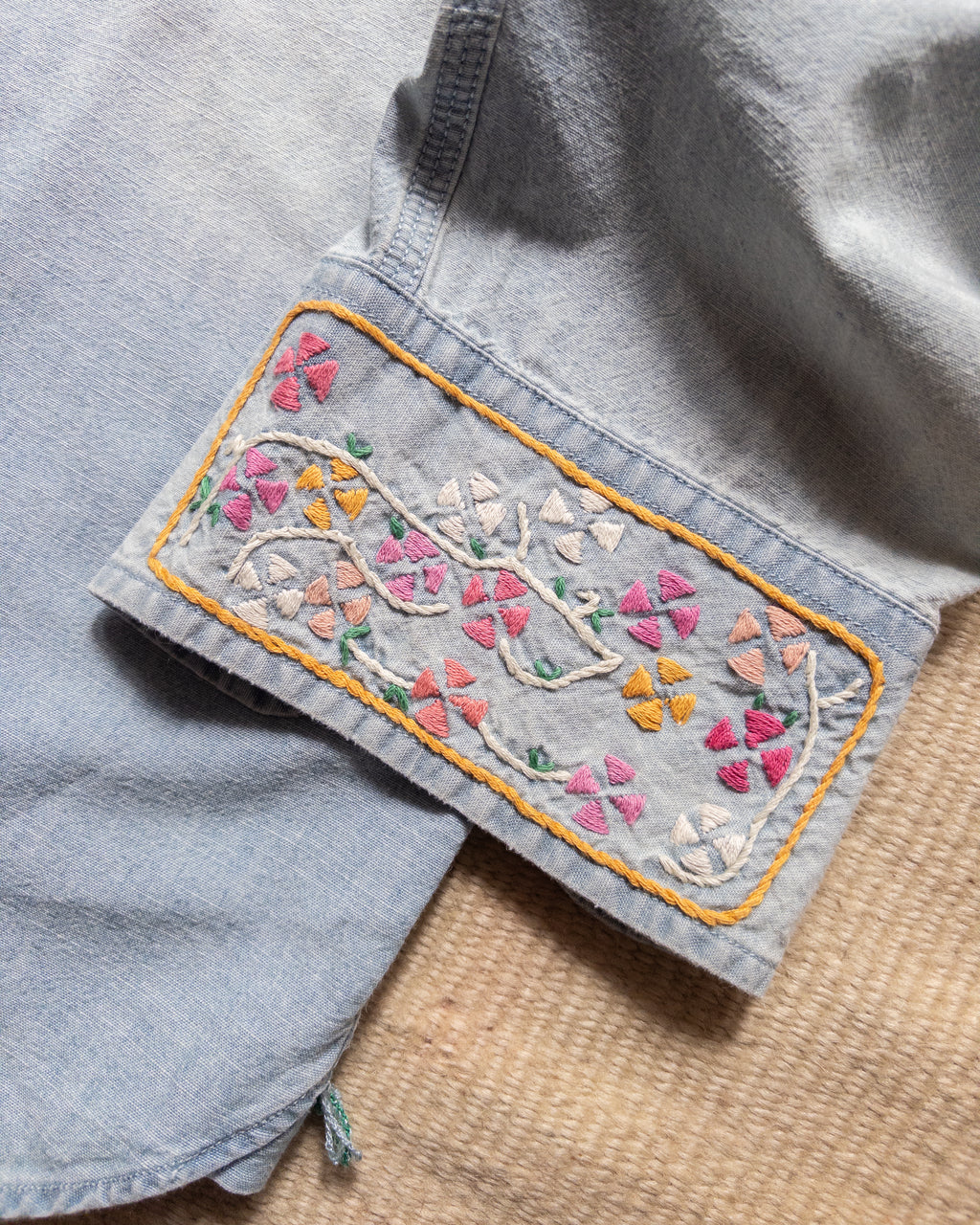 Embroidered Chambray Workshirt - Distressed and Sunfaded Indigo