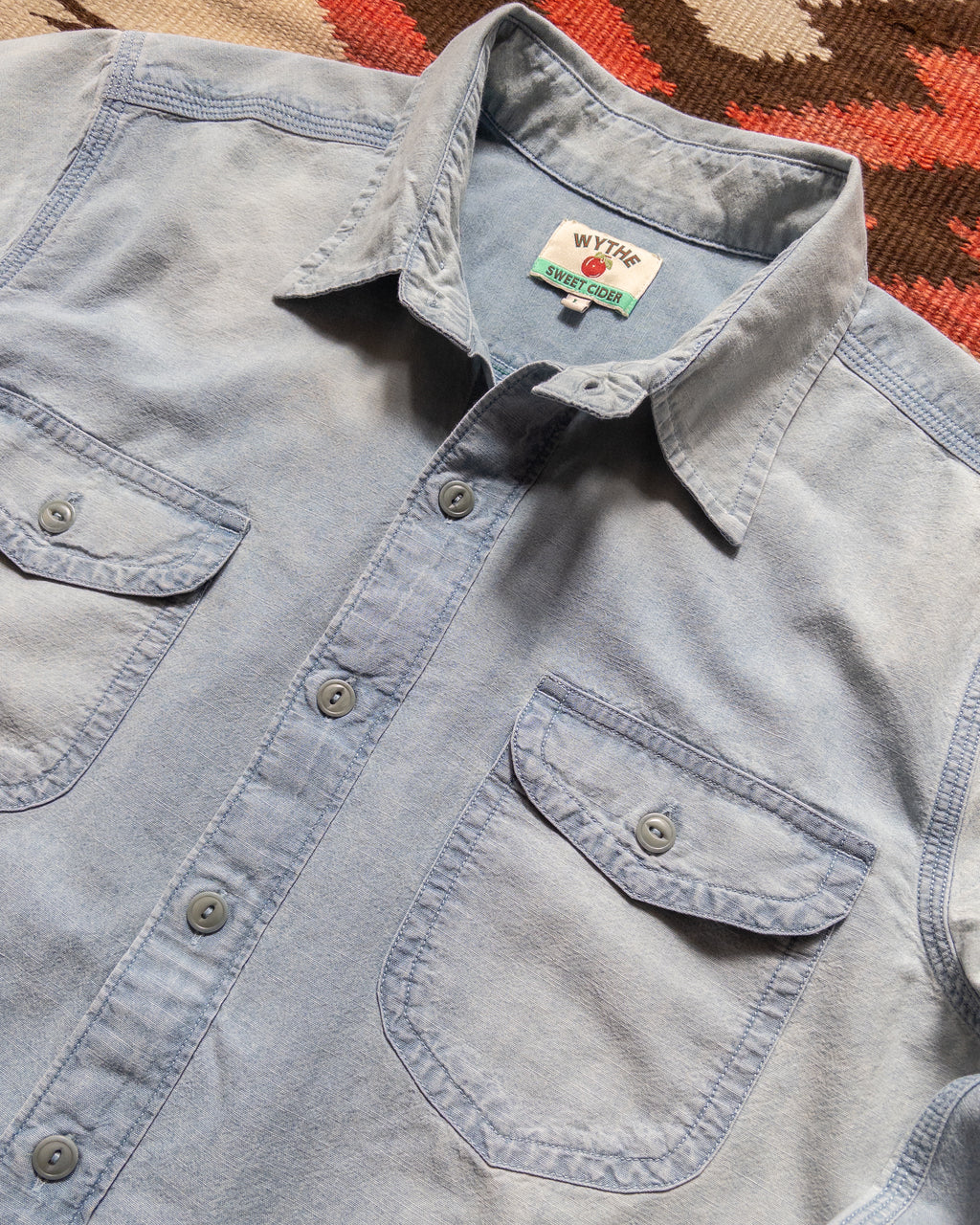 Embroidered Chambray Workshirt - Distressed and Sunfaded Indigo