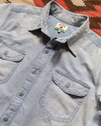 Embroidered Chambray Workshirt - Distressed and Sunfaded Indigo