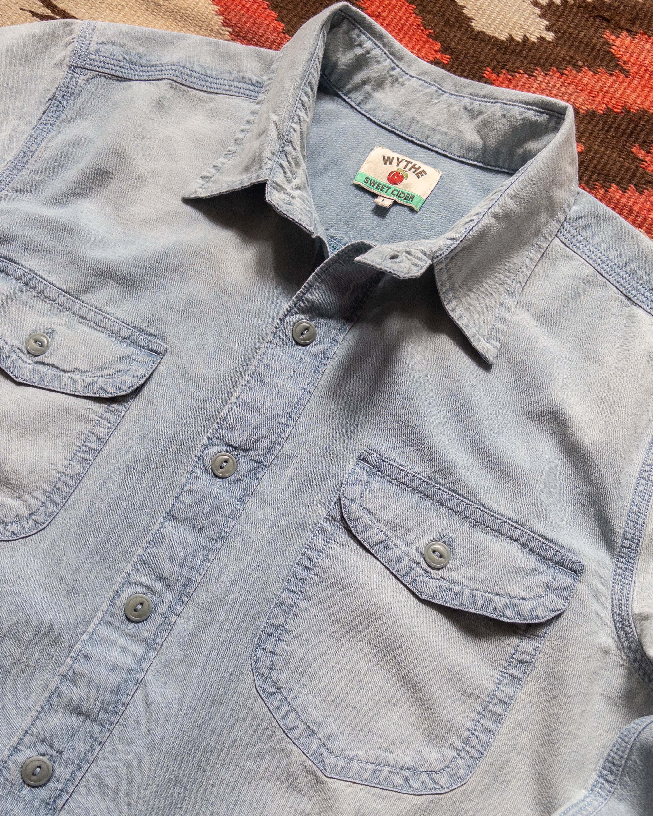 Embroidered Chambray Workshirt - Distressed and Sunfaded Indigo