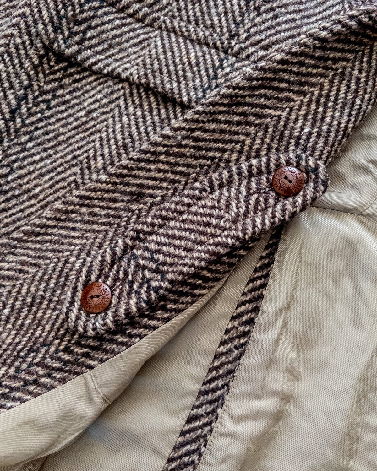 Raglan Overcoat - Grey/Brown Herringbone Deco Stripe Tweed