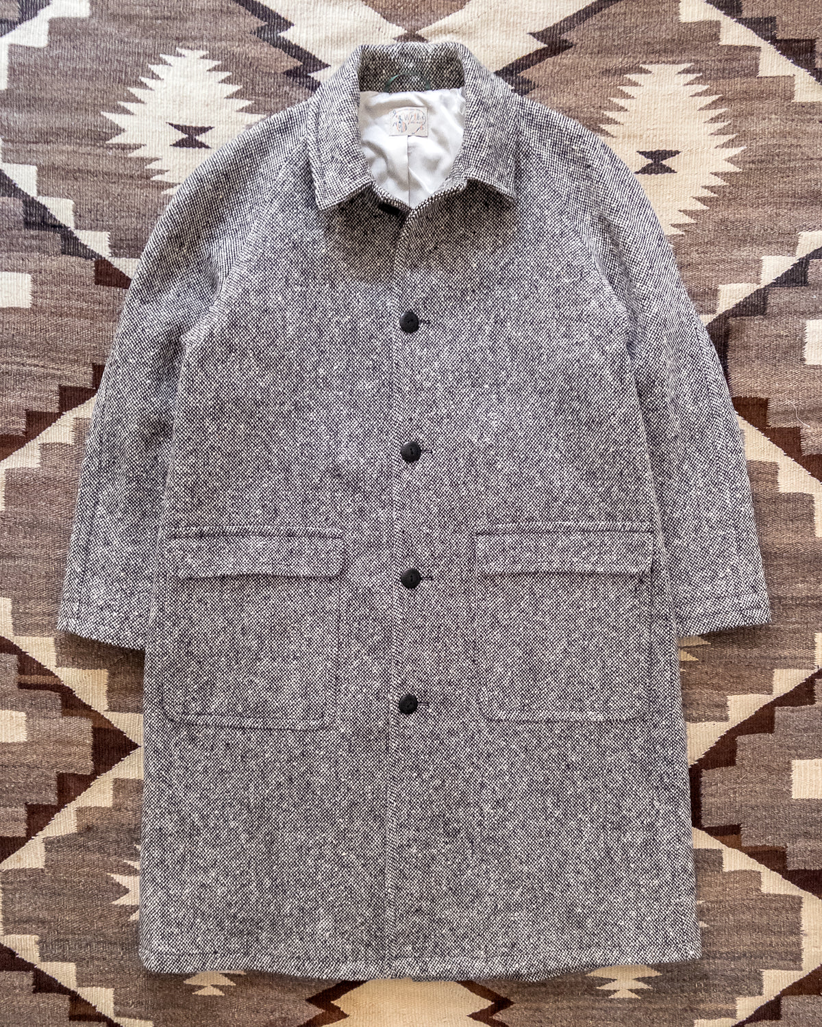Raglan Overcoat - Black/Cream Slub Donegal Tweed