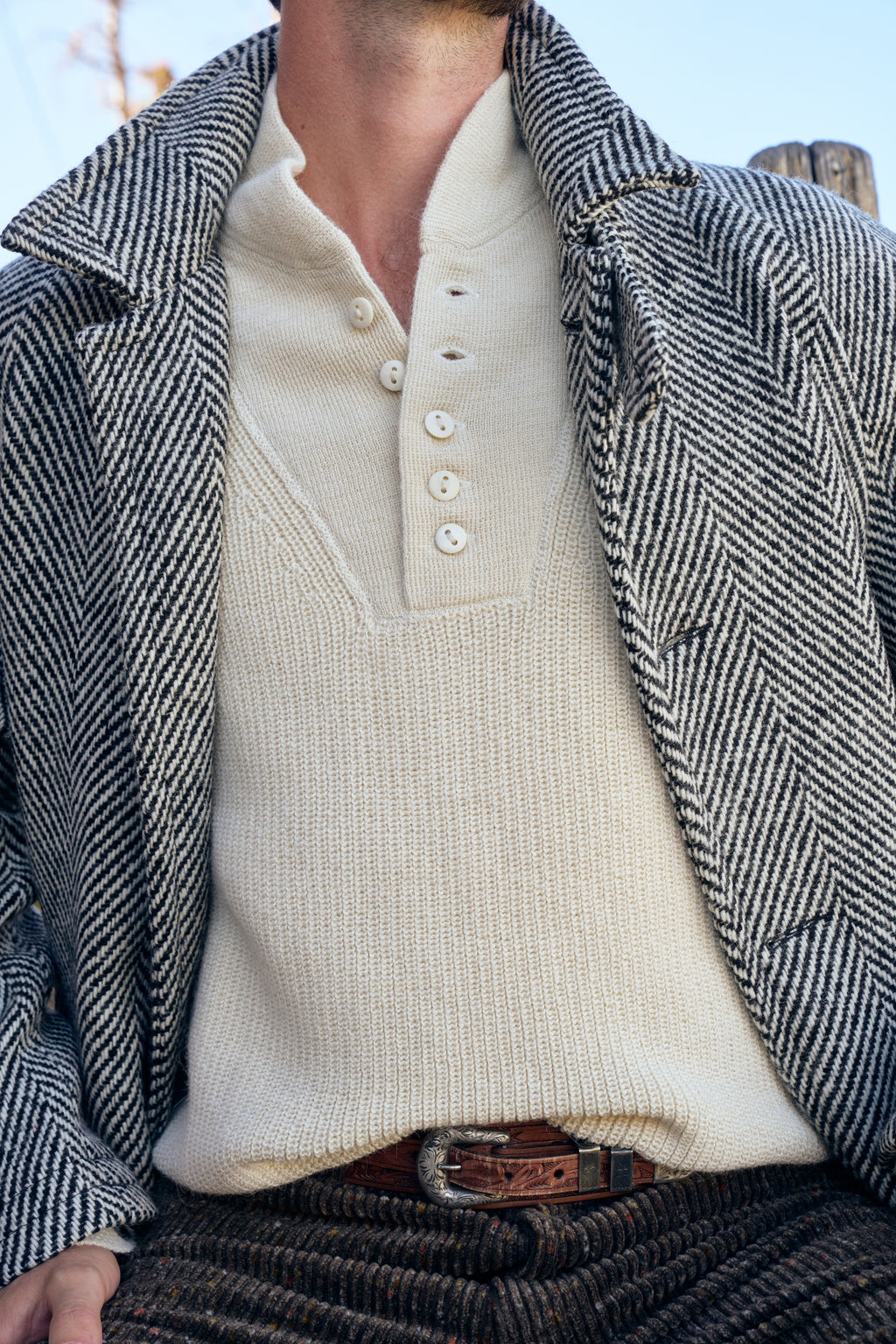 Raglan Wool Overcoat - Black/Cream Herringbone Tweed